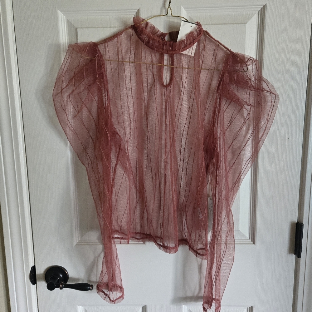 Iris Pink Sheer Ruffled Blouse with Mandarin Collar